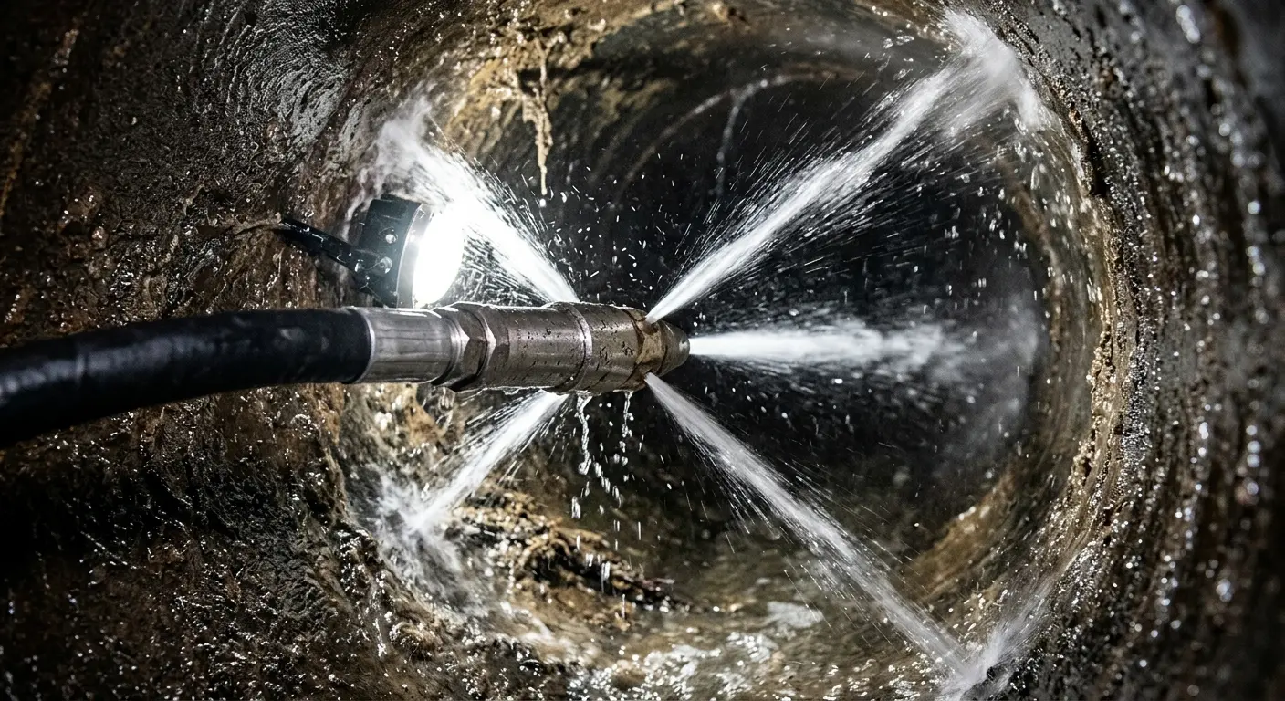 High-pressure hydro jetting nozzle cleaning sewer pipe for Emergency Drain Service in Saugus