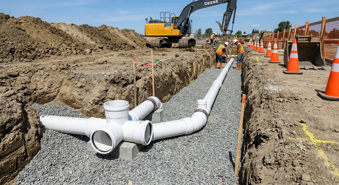 New PVC sewer pipe installation in open trench for Sewer Backup in Saugus