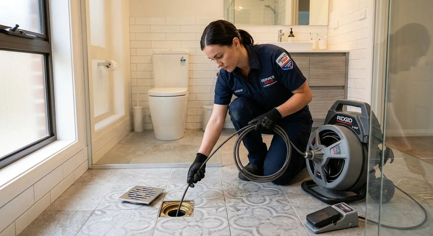 Technician clearing a bathroom floor drain for Drain Cleaning in Saugus